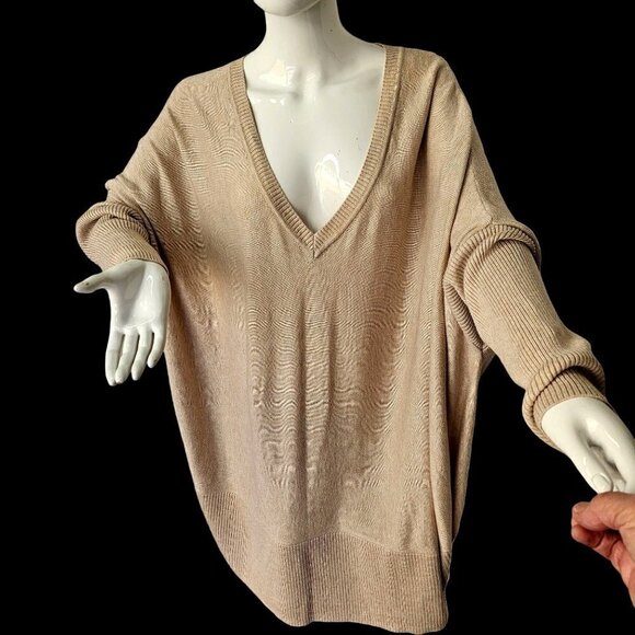 H by Halston V Neck Drop Shoulder Sweater Beige Knit Long Slv Womens Plus 1X 2X - Picture 2 of 9